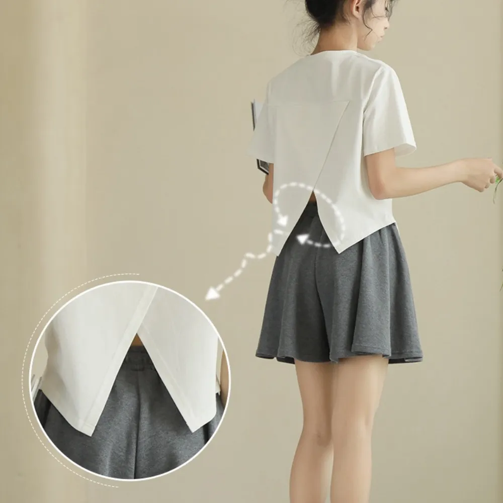 日系 纯色开叉短版上衣 裙裤 套装 Sleek Split-Hem Top & Flowing Culotte Shorts