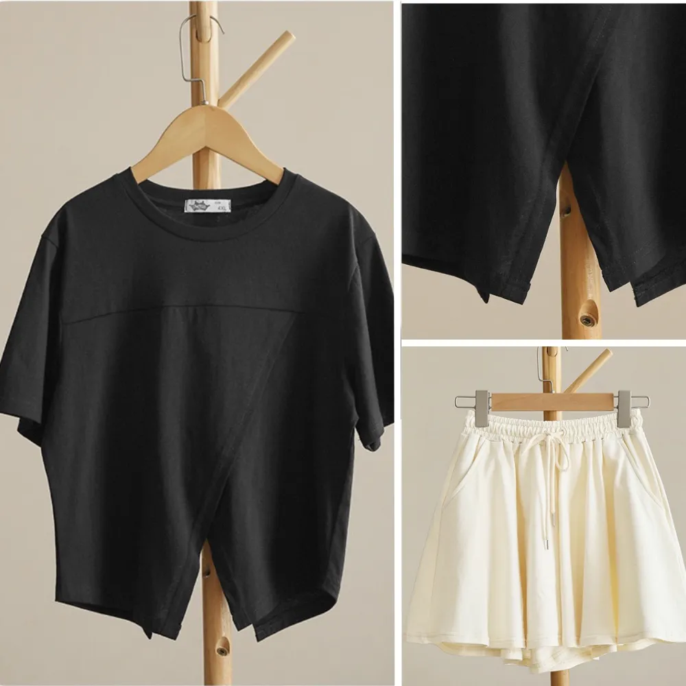 日系 纯色开叉短版上衣 裙裤 套装 Sleek Split-Hem Top & Flowing Culotte Shorts