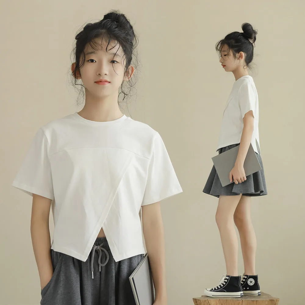 日系 纯色开叉短版上衣 裙裤 套装 Sleek Split-Hem Top & Flowing Culotte Shorts