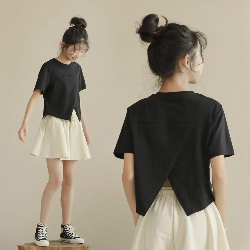日系 纯色开叉短版上衣 裙裤 套装 Sleek Split-Hem Top & Flowing Culotte Shorts