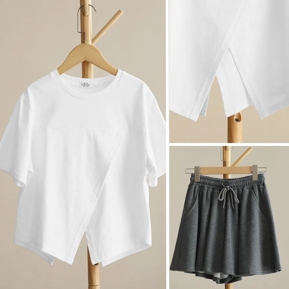 日系 纯色开叉短版上衣 裙裤 套装 Sleek Split-Hem Top & Flowing Culotte Shorts