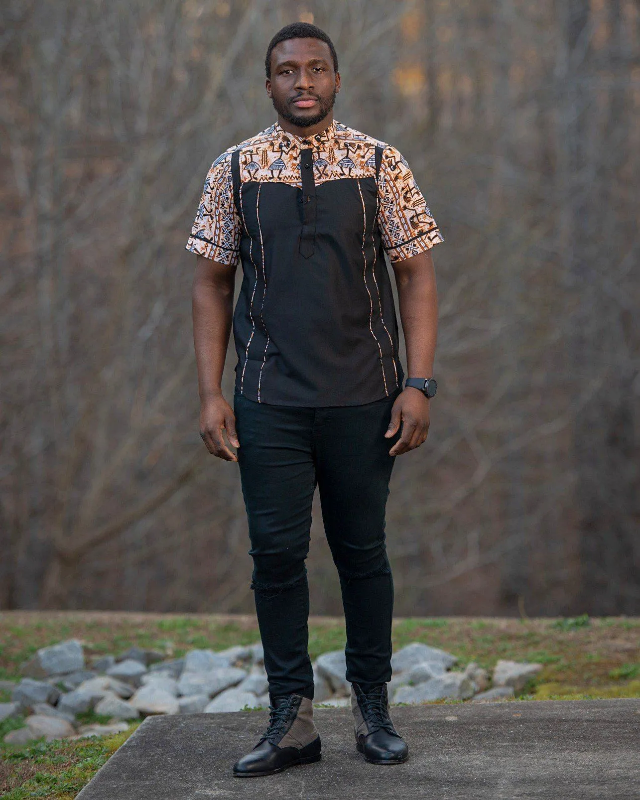 Adonis African Print Men Shirt - Black / Brown