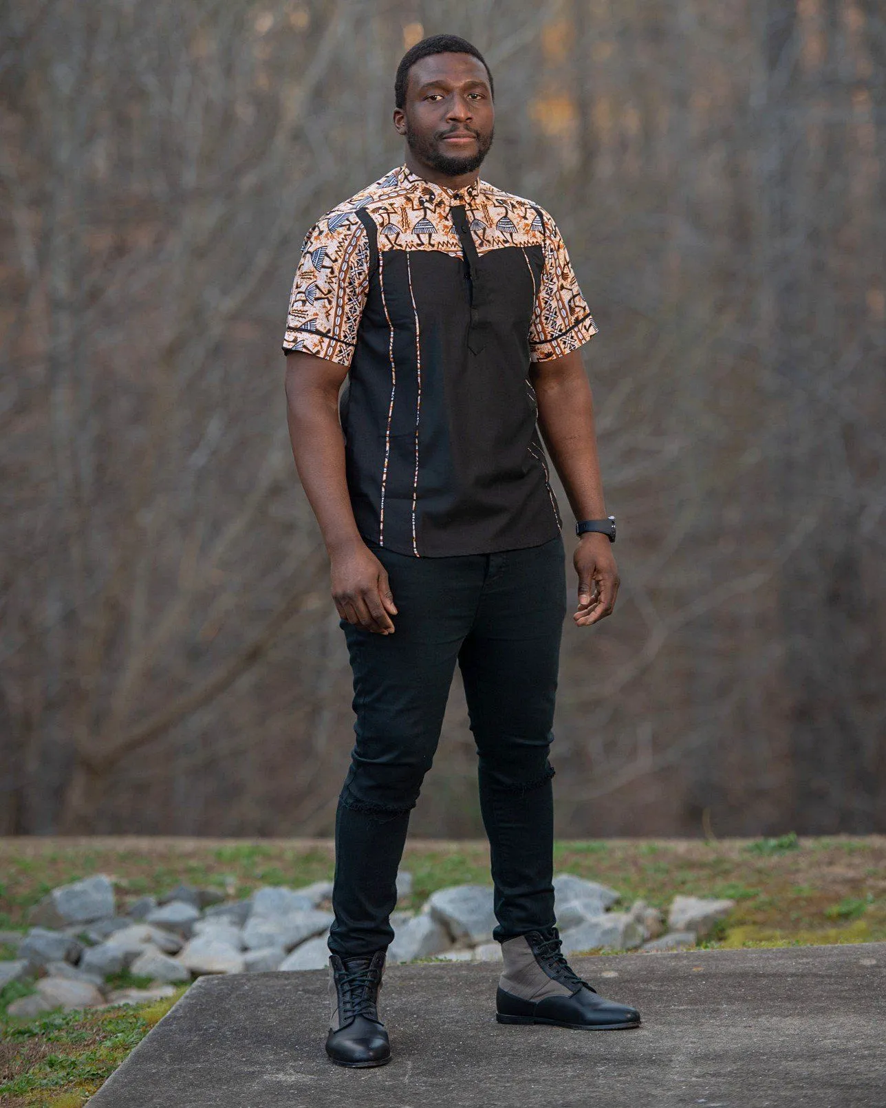 Adonis African Print Men Shirt - Black / Brown