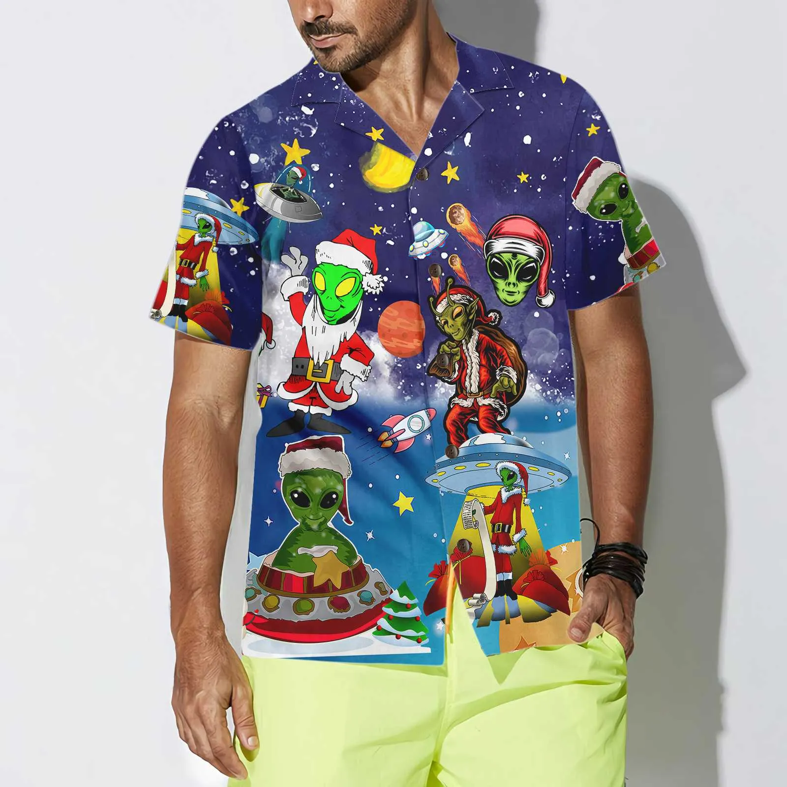Aliens In Santa Costume Hawaiian Shirt, Funny Christmas Shirt For Men