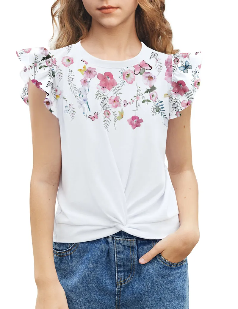 Arshiner Girls Shirt Flying Short Sleeve Twist Front Summer Blouses