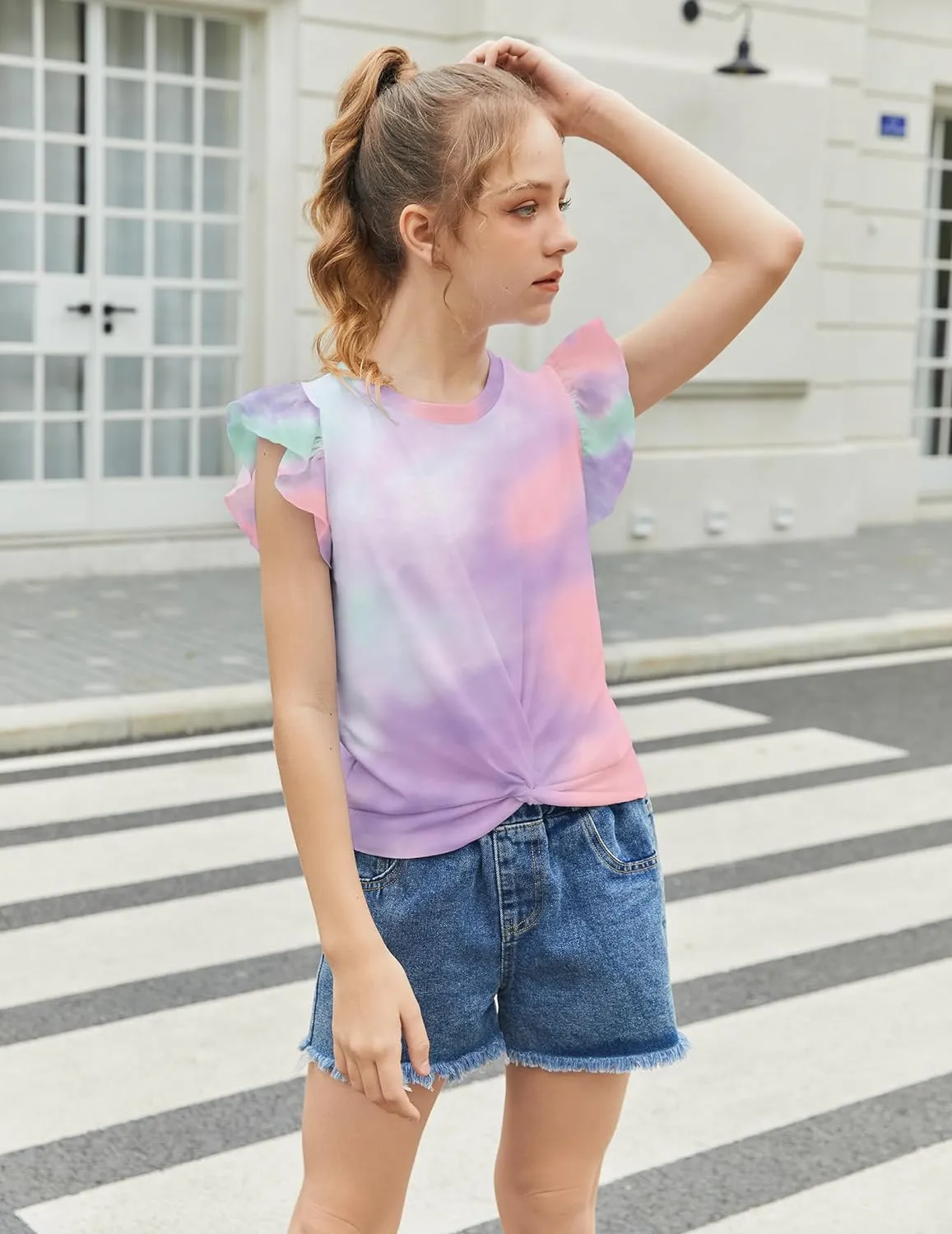 Arshiner Girls Shirt Flying Short Sleeve Twist Front Summer Blouses