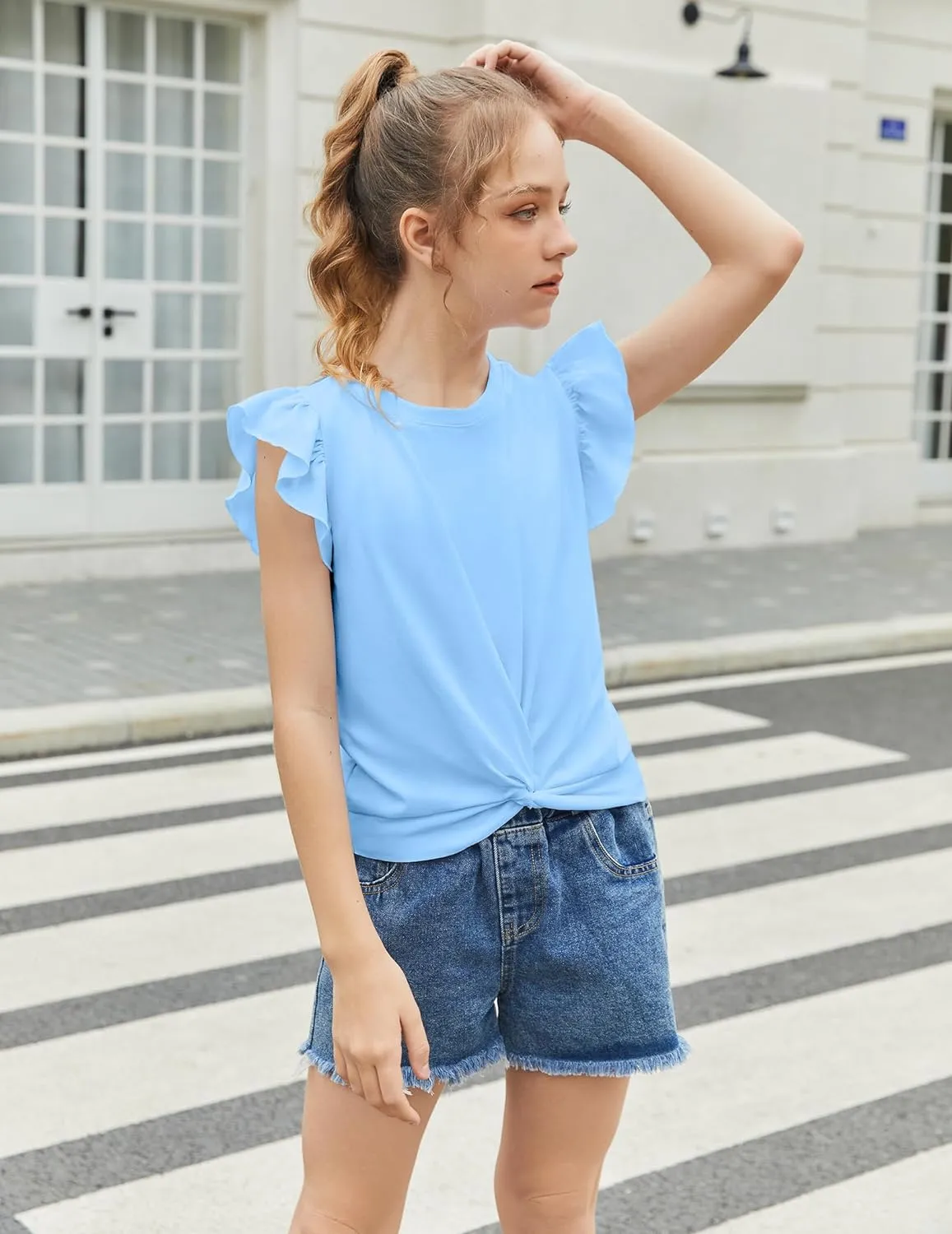Arshiner Girls Shirt Flying Short Sleeve Twist Front Summer Blouses