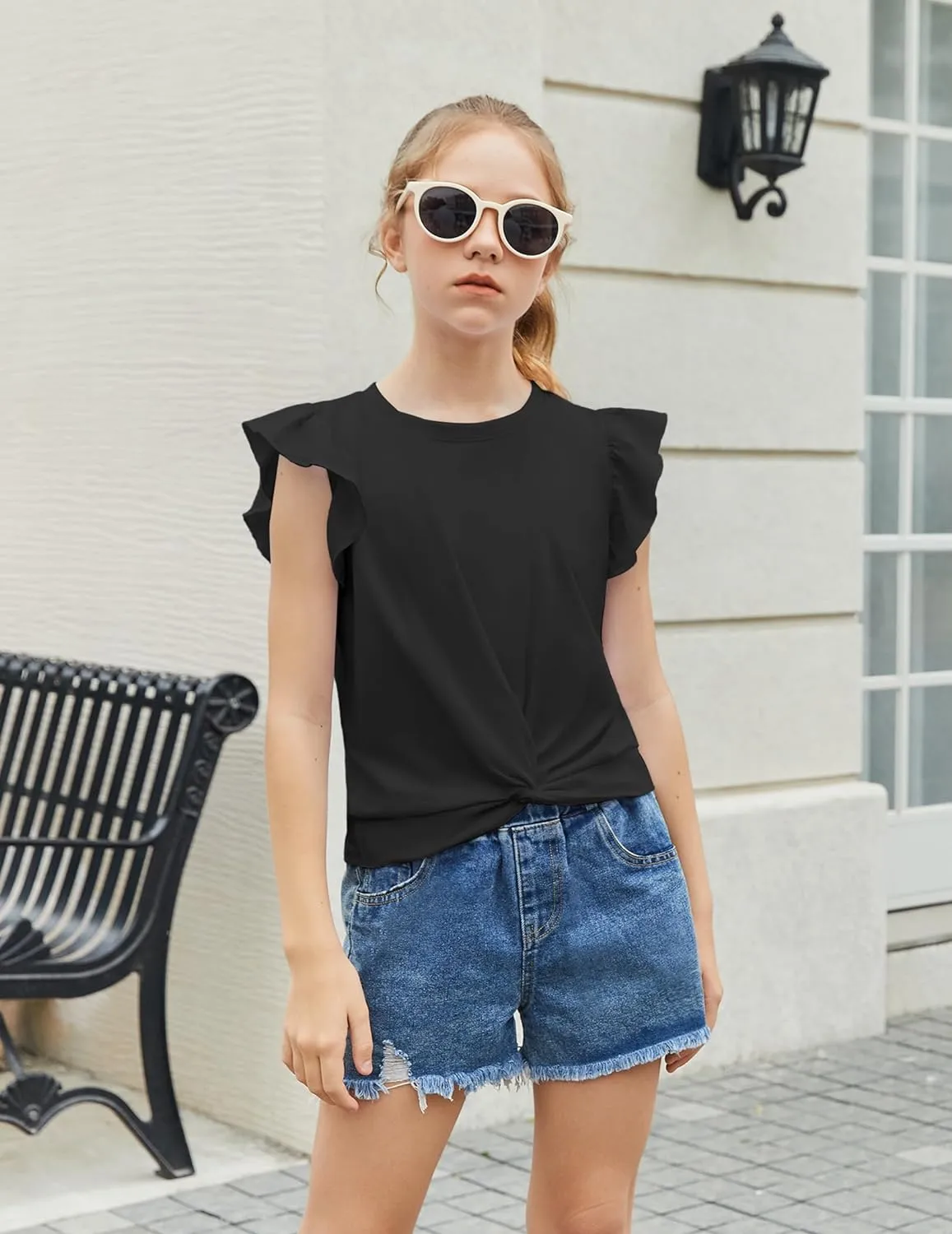 Arshiner Girls Shirt Flying Short Sleeve Twist Front Summer Blouses