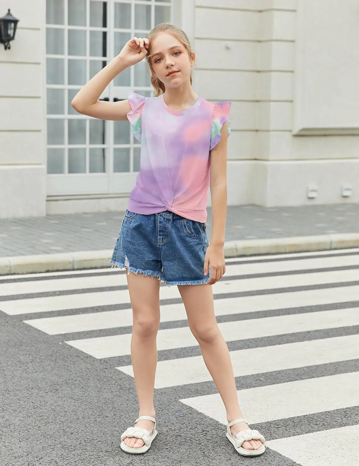 Arshiner Girls Shirt Flying Short Sleeve Twist Front Summer Blouses