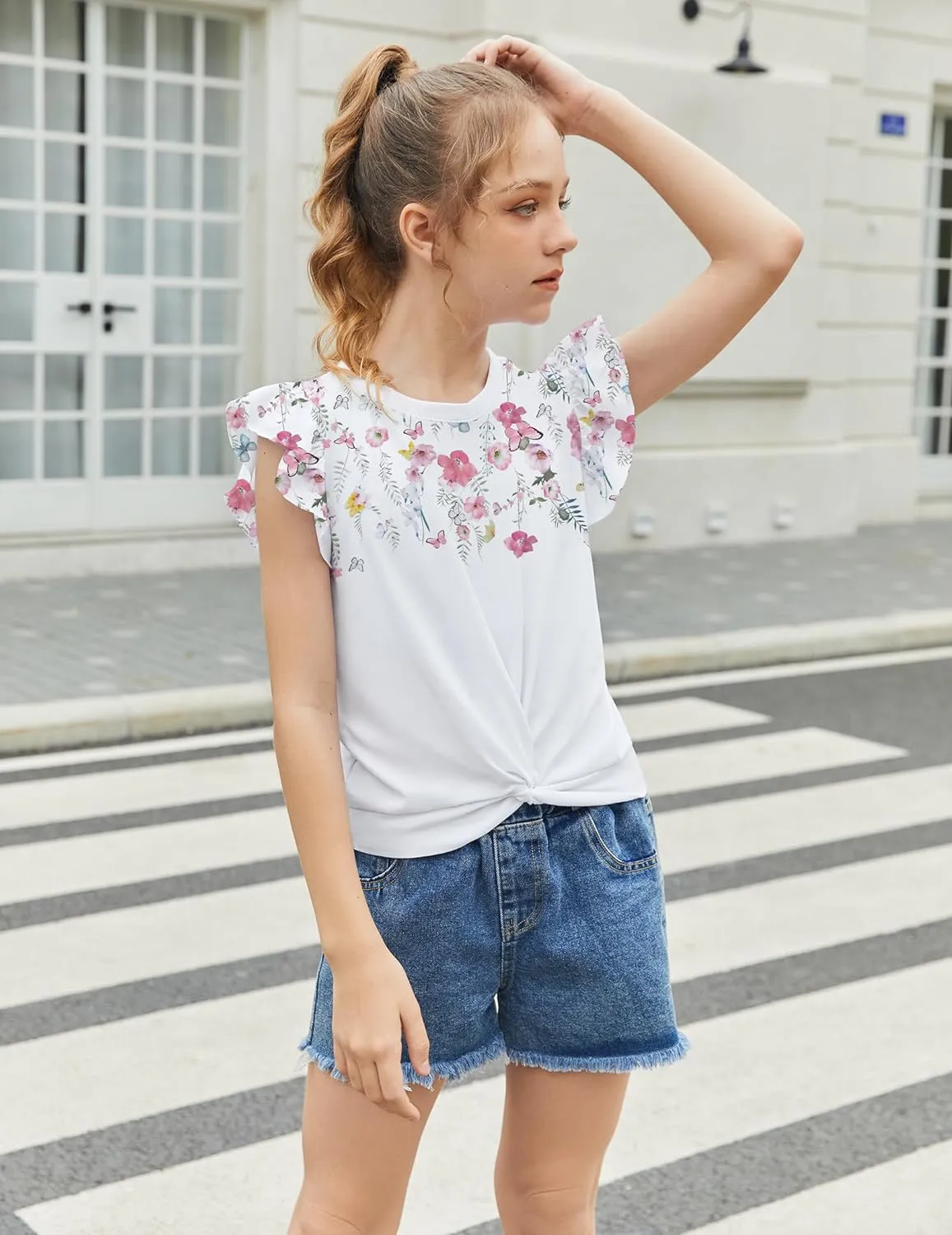 Arshiner Girls Shirt Flying Short Sleeve Twist Front Summer Blouses