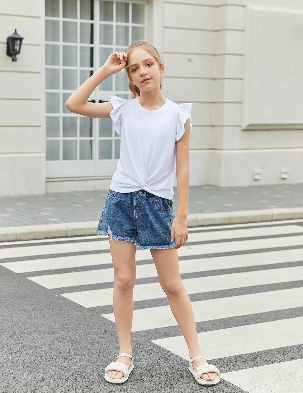 Arshiner Girls Shirt Flying Short Sleeve Twist Front Summer Blouses