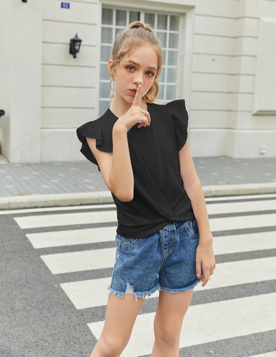 Arshiner Girls Shirt Flying Short Sleeve Twist Front Summer Blouses