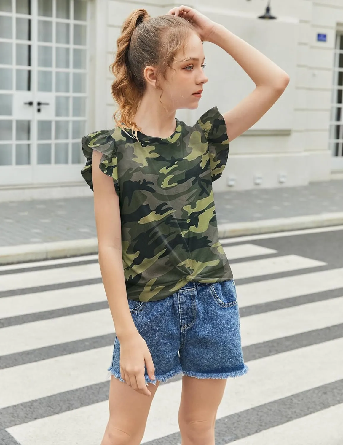 Arshiner Girls Shirt Flying Short Sleeve Twist Front Summer Blouses