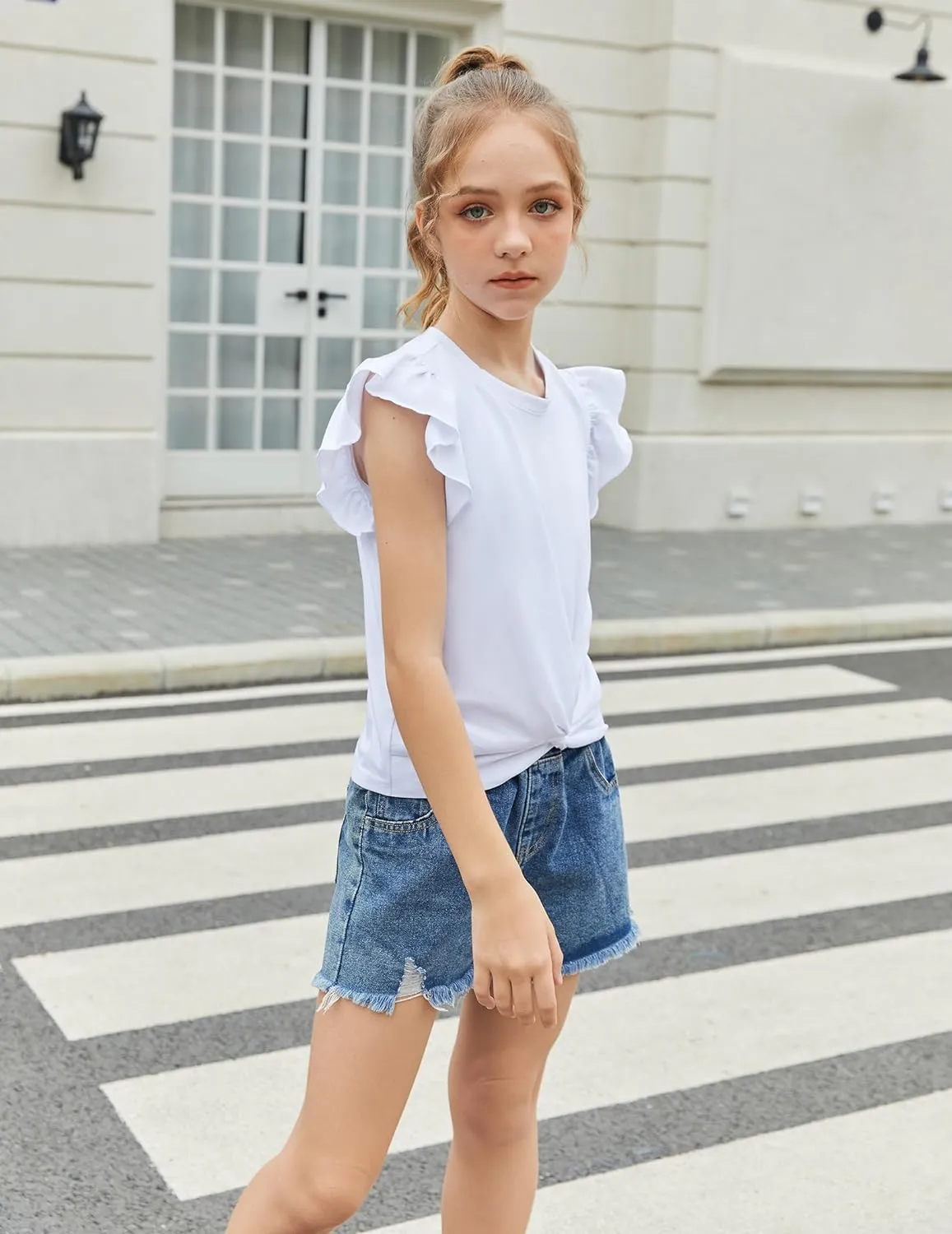Arshiner Girls Shirt Flying Short Sleeve Twist Front Summer Blouses