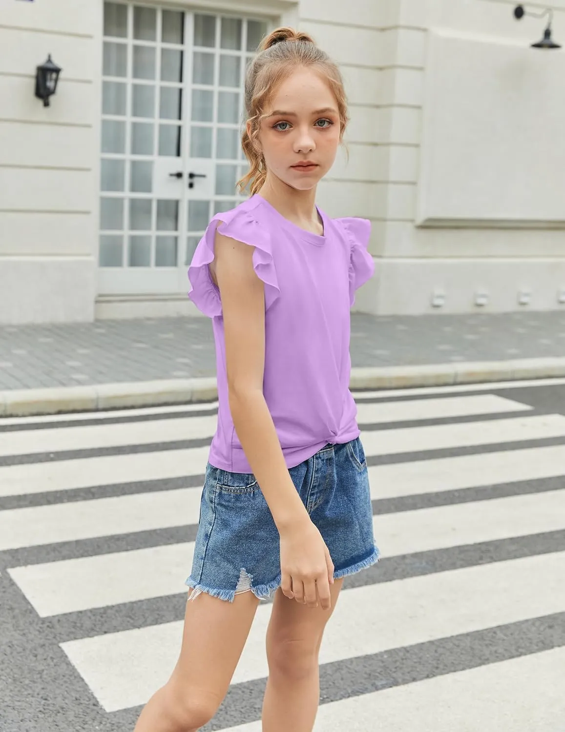 Arshiner Girls Shirt Flying Short Sleeve Twist Front Summer Blouses