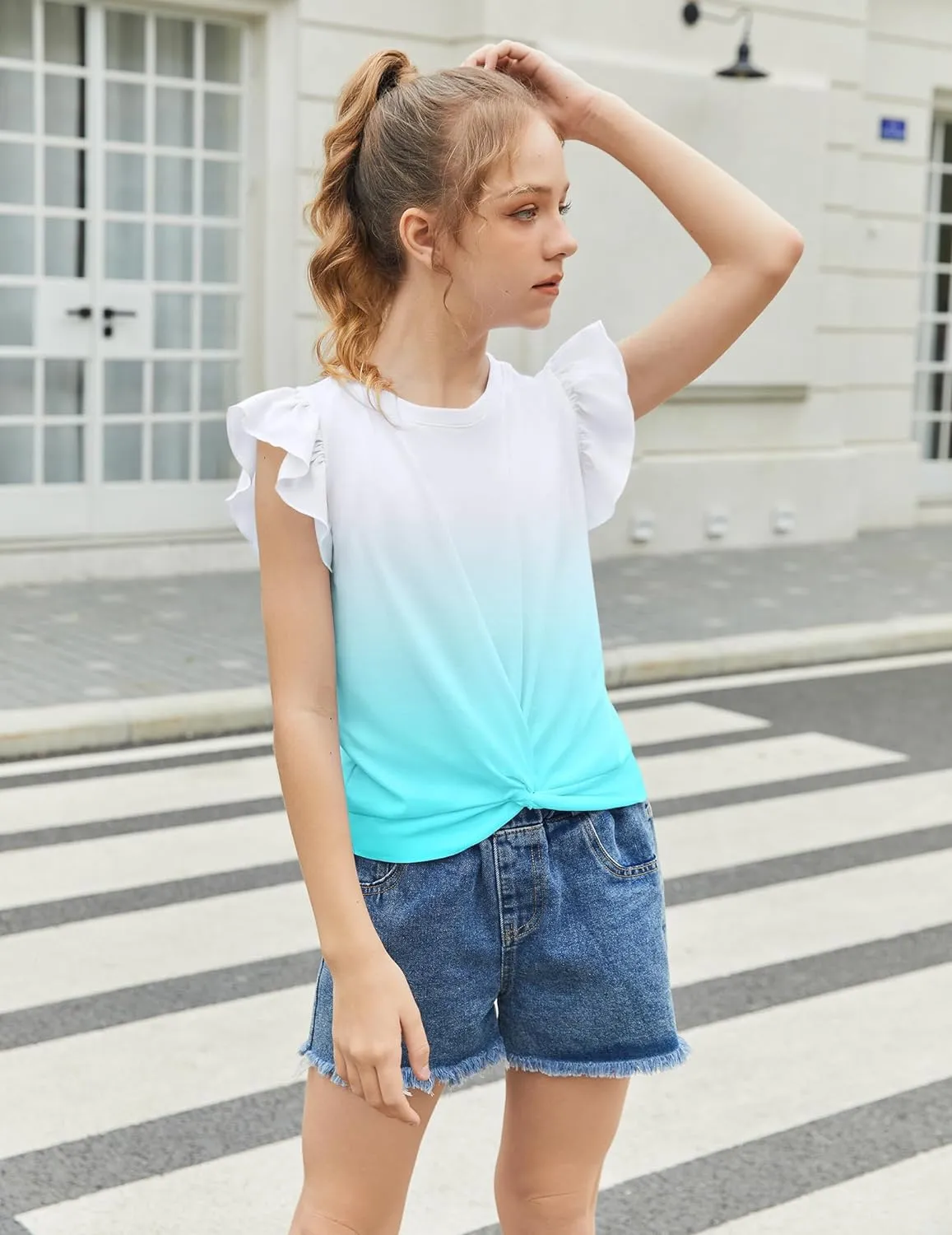 Arshiner Girls Shirt Flying Short Sleeve Twist Front Summer Blouses