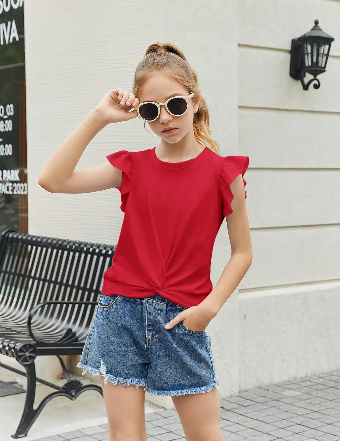 Arshiner Girls Shirt Flying Short Sleeve Twist Front Summer Blouses