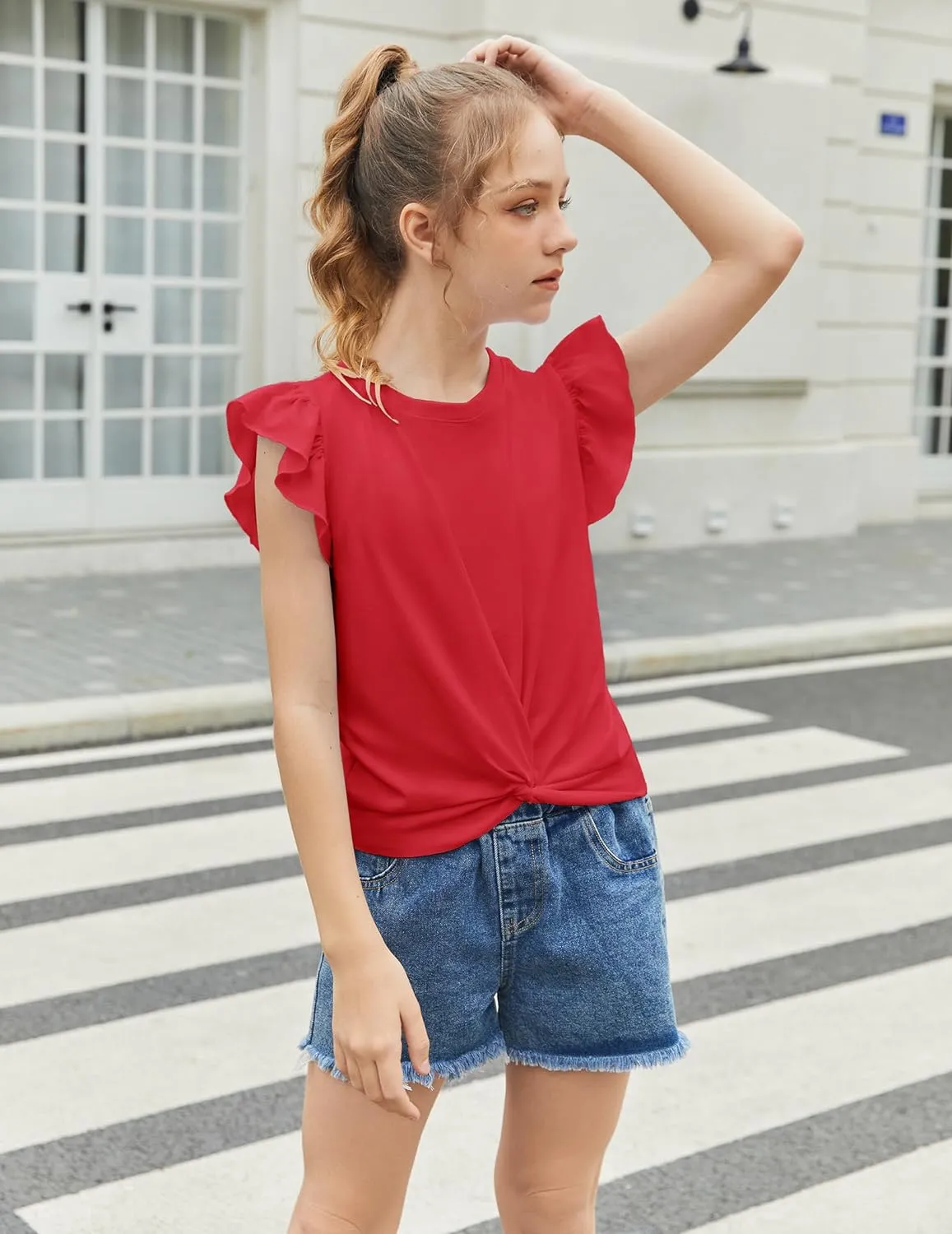 Arshiner Girls Shirt Flying Short Sleeve Twist Front Summer Blouses