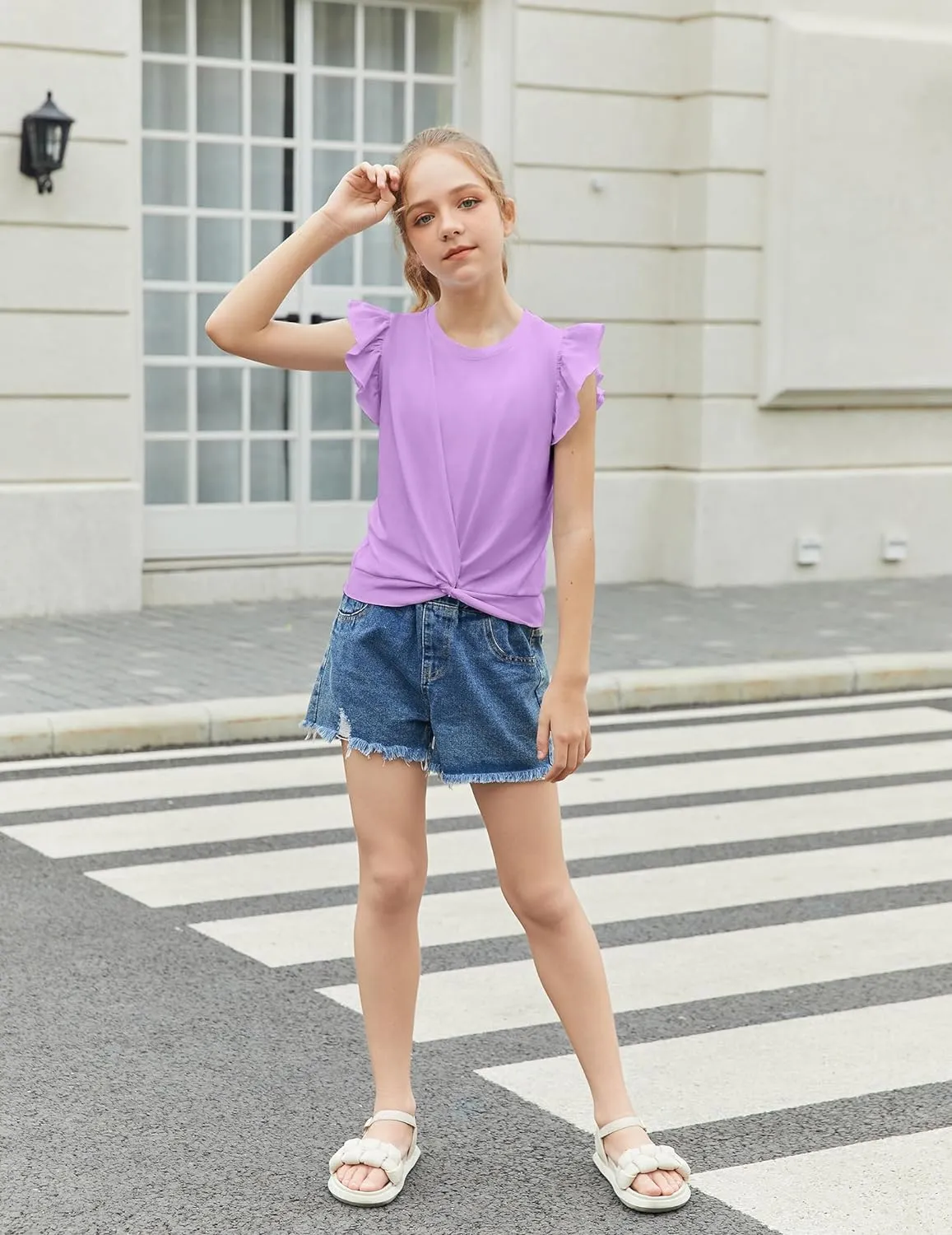 Arshiner Girls Shirt Flying Short Sleeve Twist Front Summer Blouses