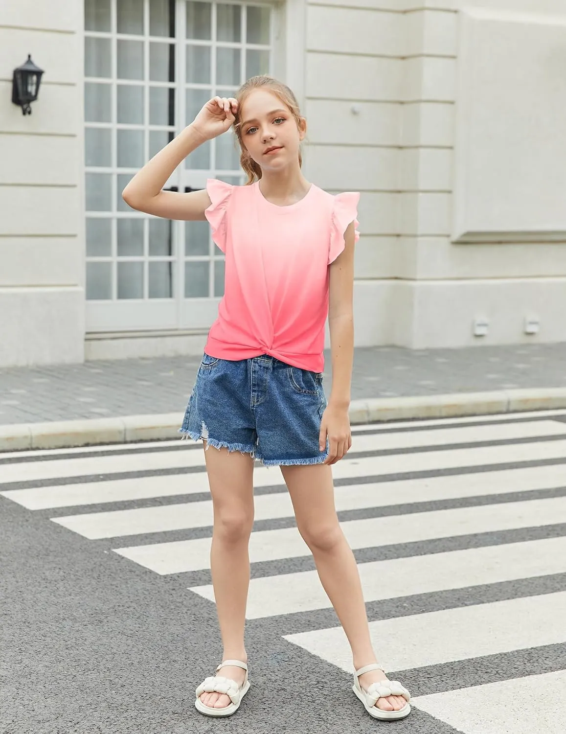 Arshiner Girls Shirt Flying Short Sleeve Twist Front Summer Blouses