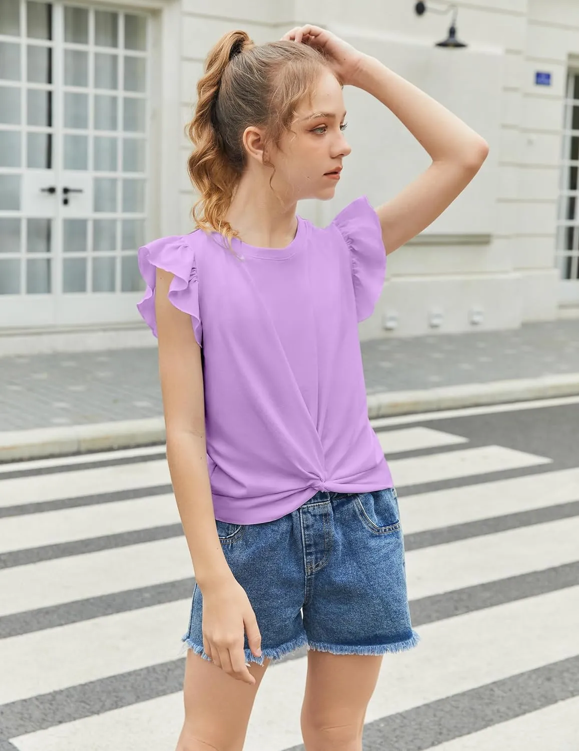 Arshiner Girls Shirt Flying Short Sleeve Twist Front Summer Blouses