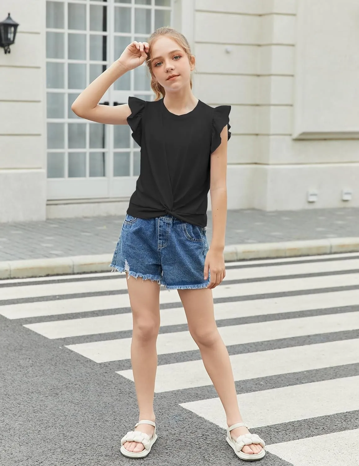 Arshiner Girls Shirt Flying Short Sleeve Twist Front Summer Blouses
