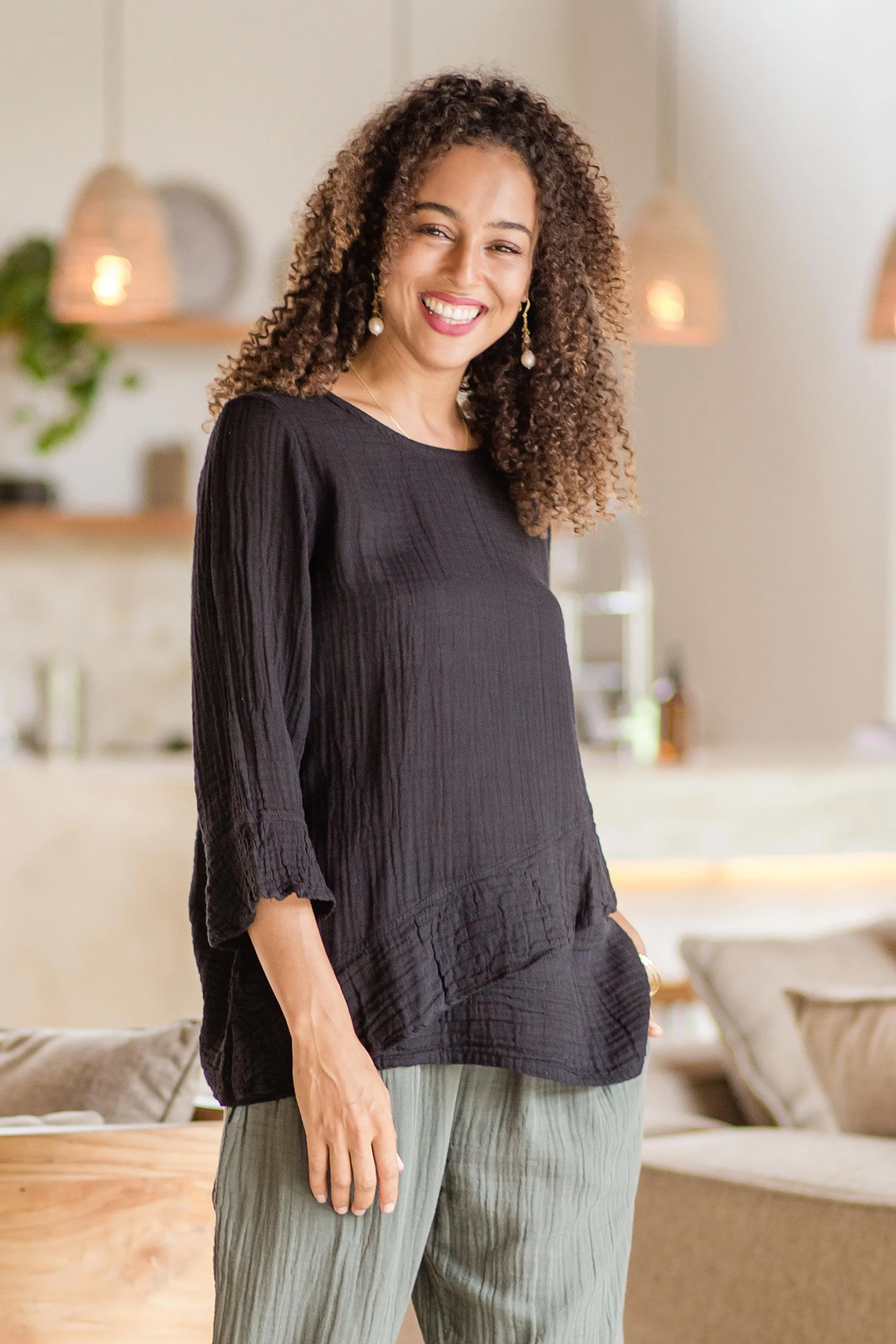 Black Cotton Gauze Blouse from Thailand - Black Ruffles | NOVICA