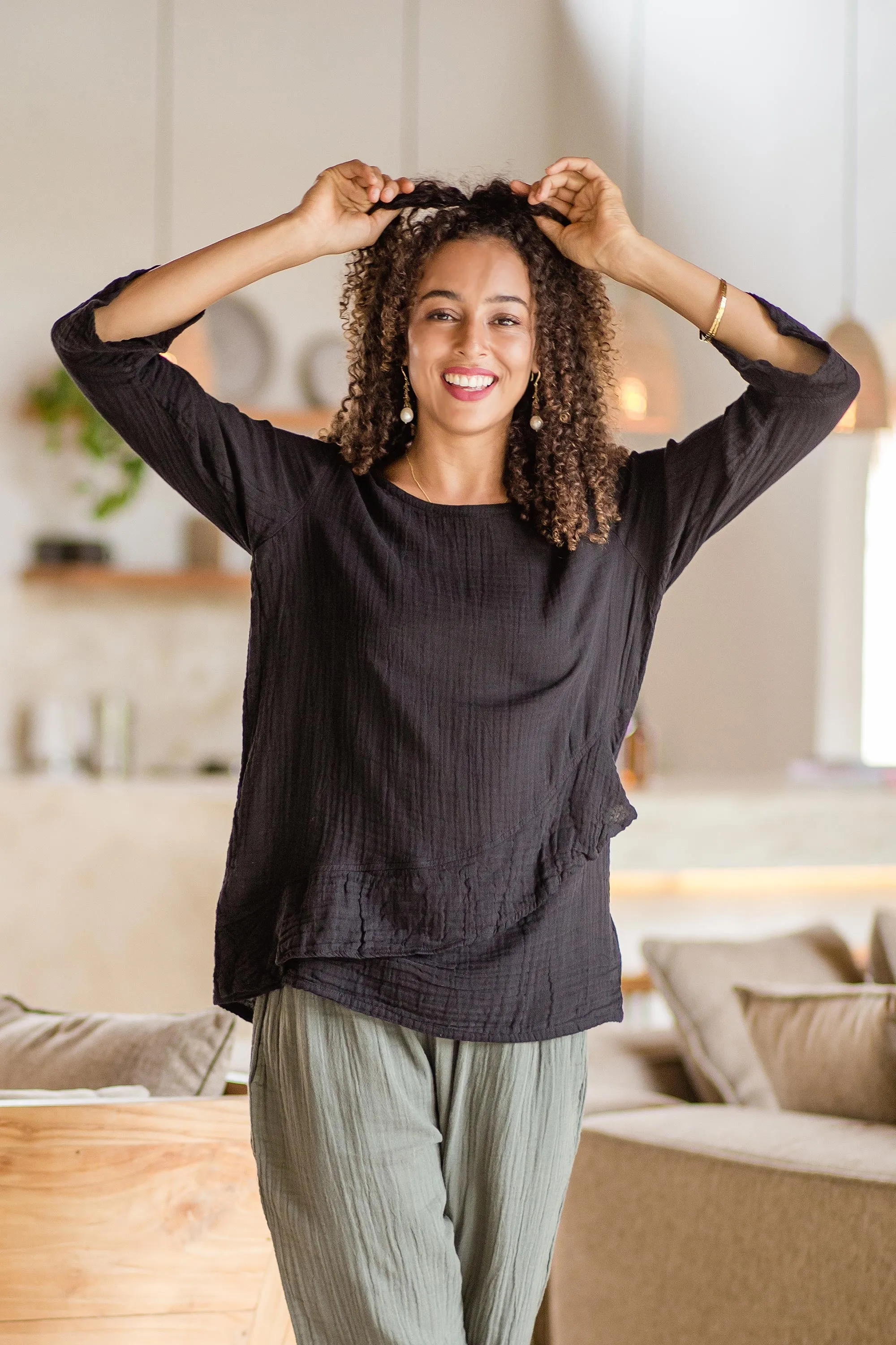 Black Cotton Gauze Blouse from Thailand - Black Ruffles | NOVICA