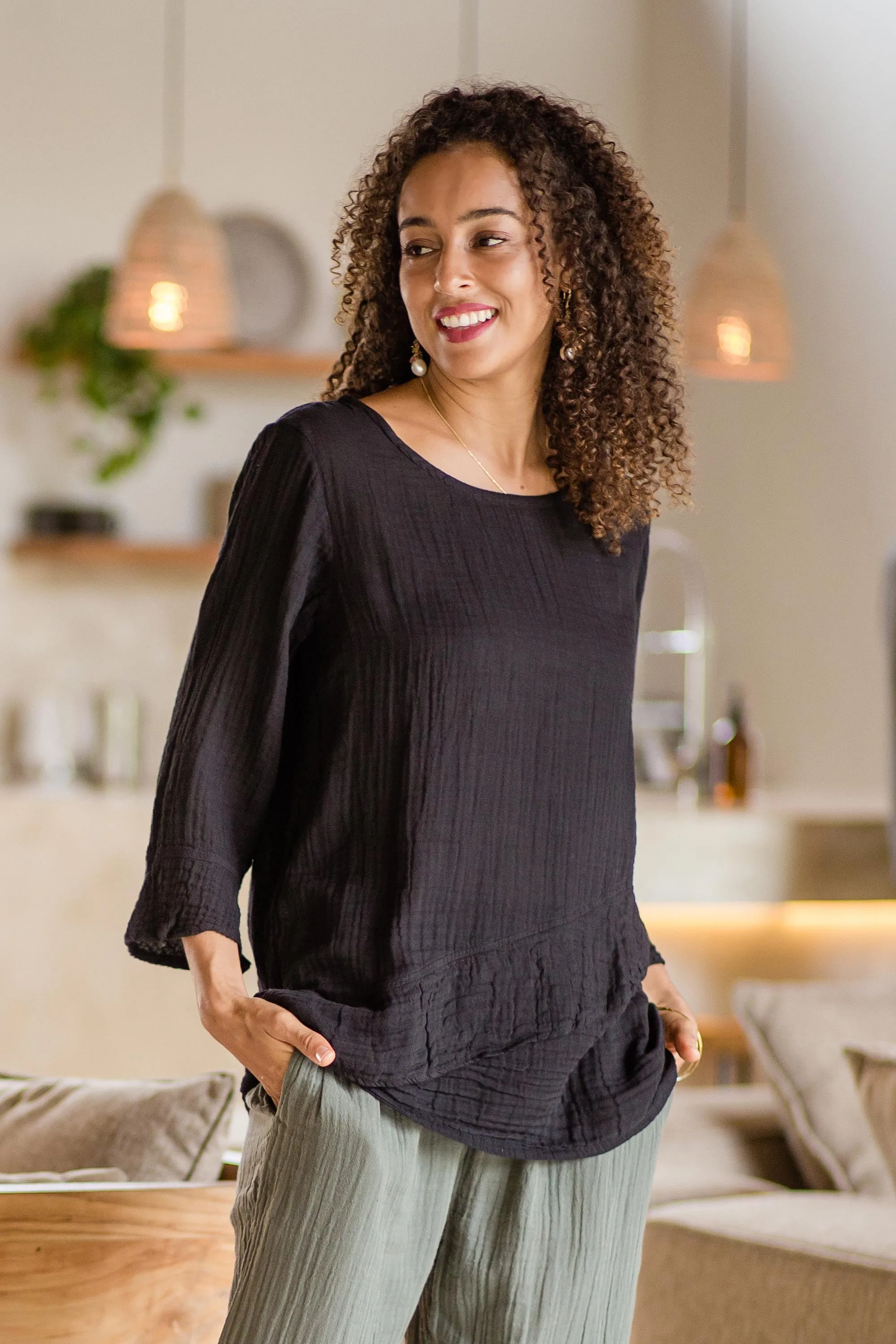 Black Cotton Gauze Blouse from Thailand - Black Ruffles | NOVICA
