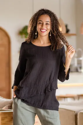 Black Cotton Gauze Blouse from Thailand - Black Ruffles | NOVICA