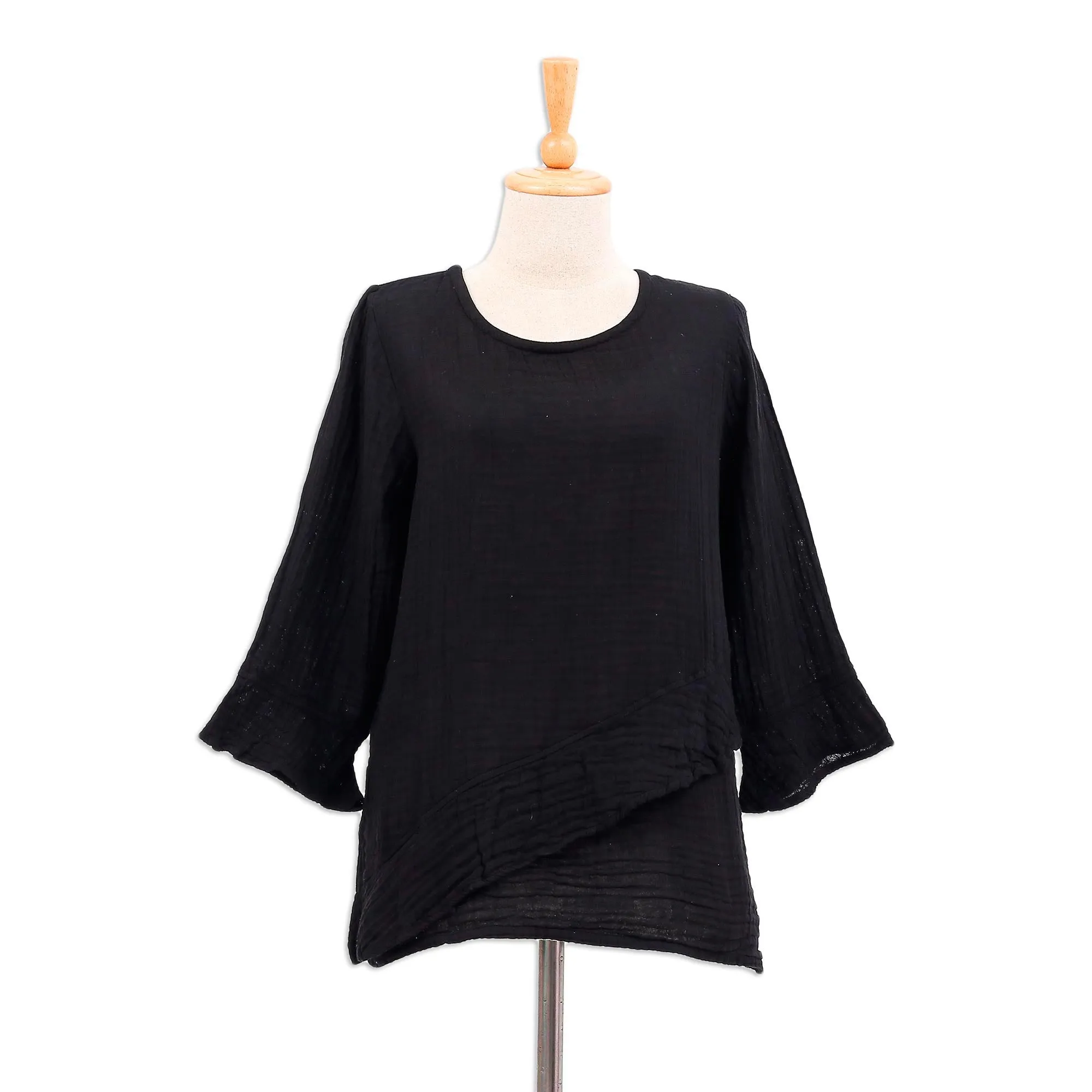 Black Cotton Gauze Blouse from Thailand - Black Ruffles | NOVICA