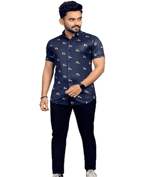 Blue Floral Stretch Short Sleeve Printed Shirt for Men