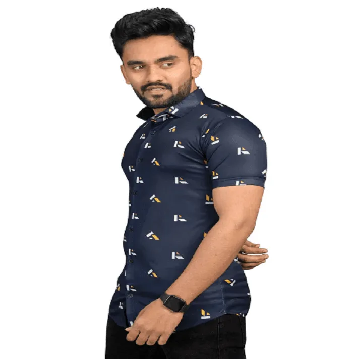 Blue Floral Stretch Short Sleeve Printed Shirt for Men
