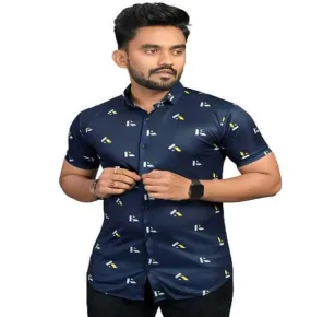 Blue Floral Stretch Short Sleeve Printed Shirt for Men