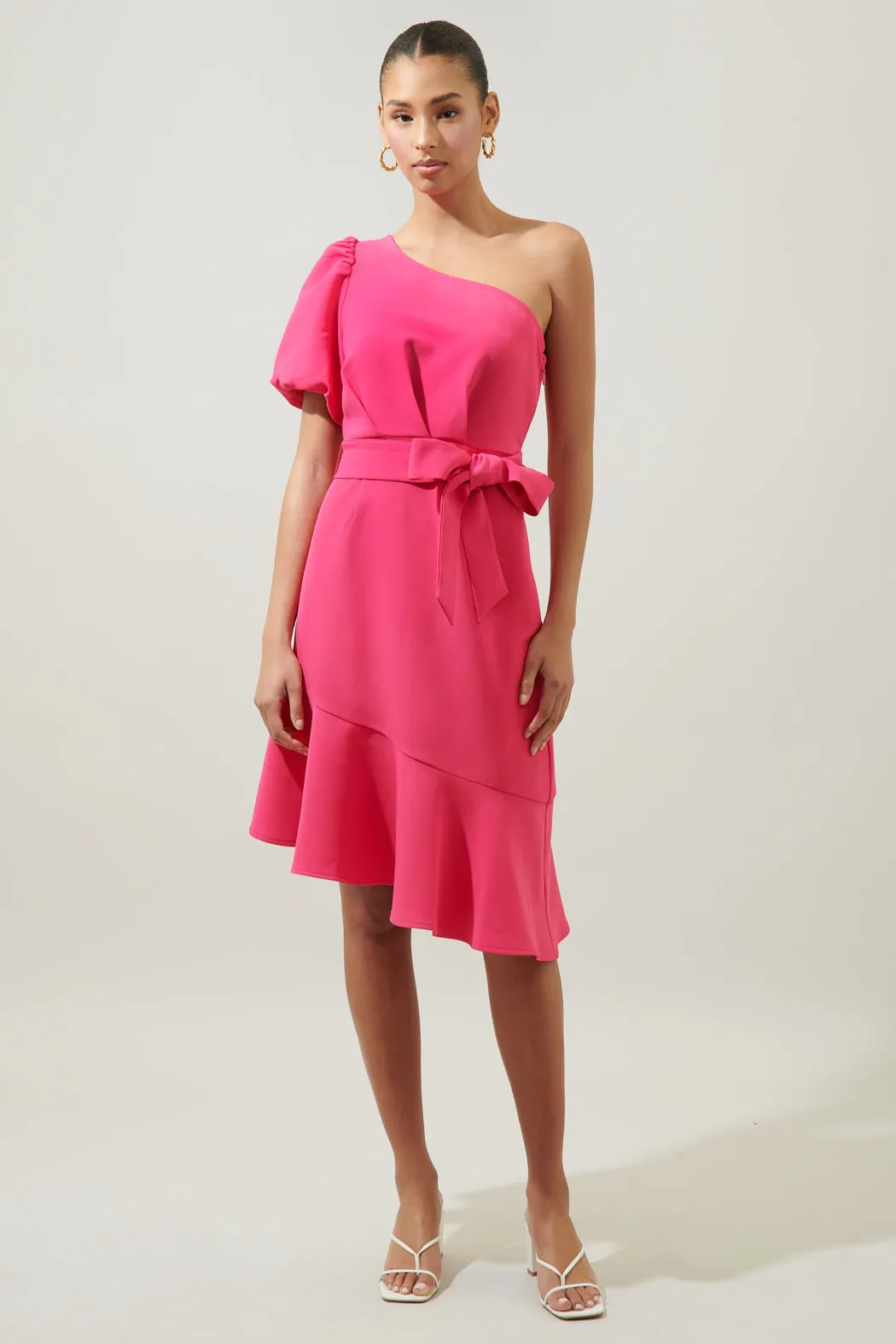 Chelsea Marjorie One Sleeve Tie Waist Midi Dress