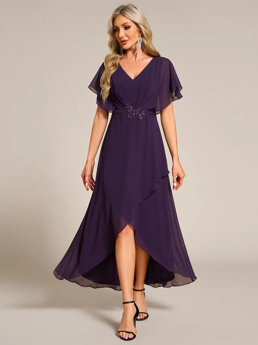 Chiffon Appliques  High-low  Wholesale Evening Dress with Short Sleeves