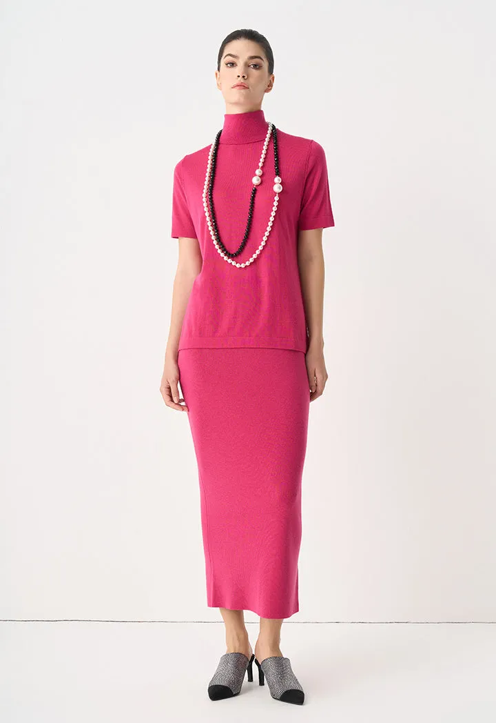 Choice Solid Knitted Short Sleeve Blouse Fuchsia