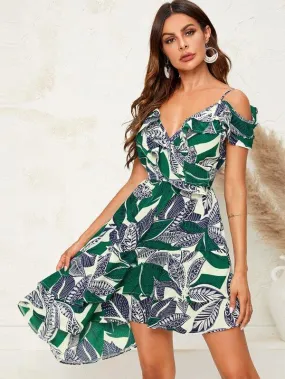 Cold Shoulder Asymmetrical Hem Tropical Print Dress