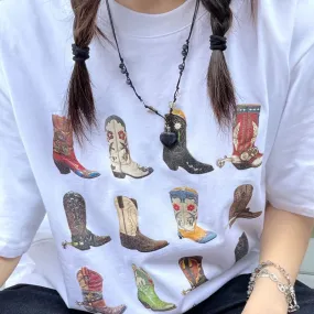 Cow boy Boots women tees  Loose Vintage Texas T Shirt