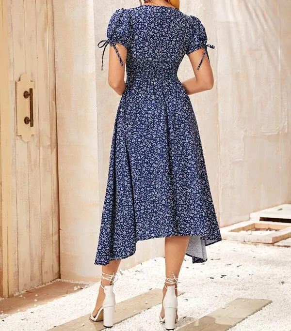 Ditsy Floral Knotted Cuff Asymmetrical Hem Dress