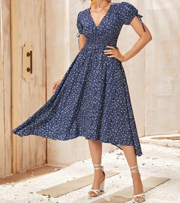 Ditsy Floral Knotted Cuff Asymmetrical Hem Dress