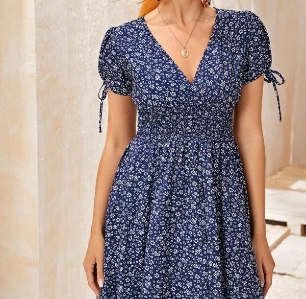 Ditsy Floral Knotted Cuff Asymmetrical Hem Dress