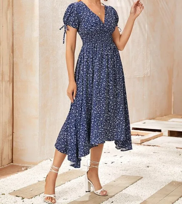 Ditsy Floral Knotted Cuff Asymmetrical Hem Dress