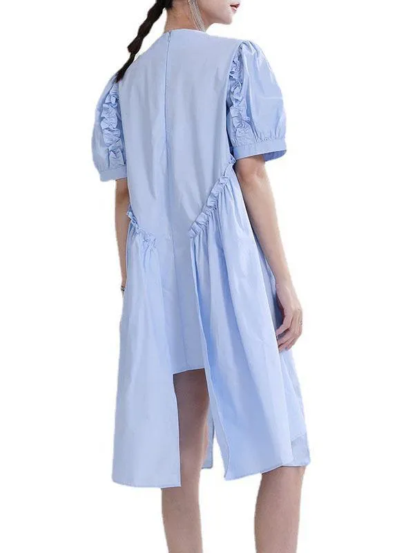 Fine Blue Puff Sleeve Asymmetrical Design Summer Vacation Dress Short Sleeve