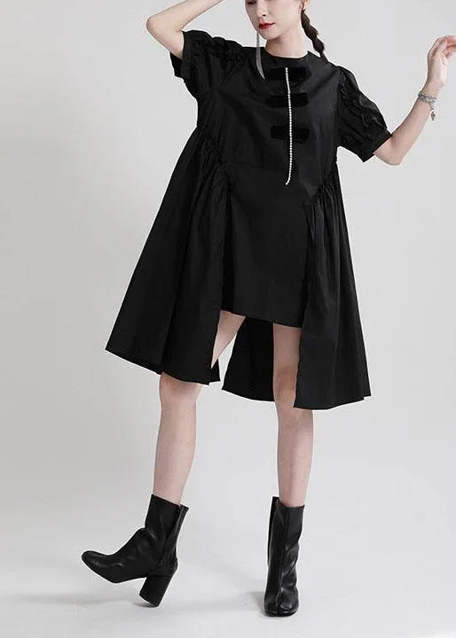 Fine Blue Puff Sleeve Asymmetrical Design Summer Vacation Dress Short Sleeve