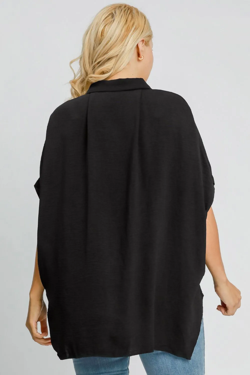 Full Size High-Low Button Up Short Sleeve Shirt