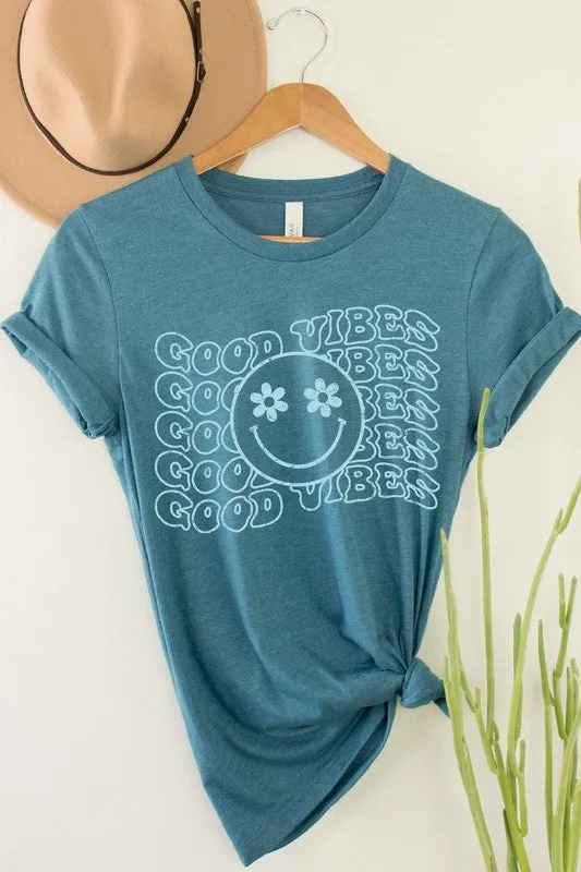 Good Vibes Flower Eyes Smiley Summer Graphic Tee