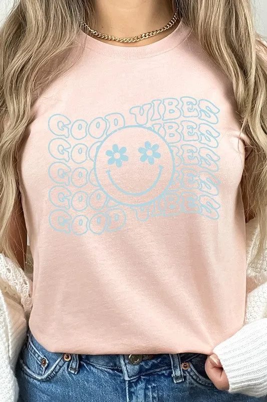 Good Vibes Flower Eyes Smiley Summer Graphic Tee