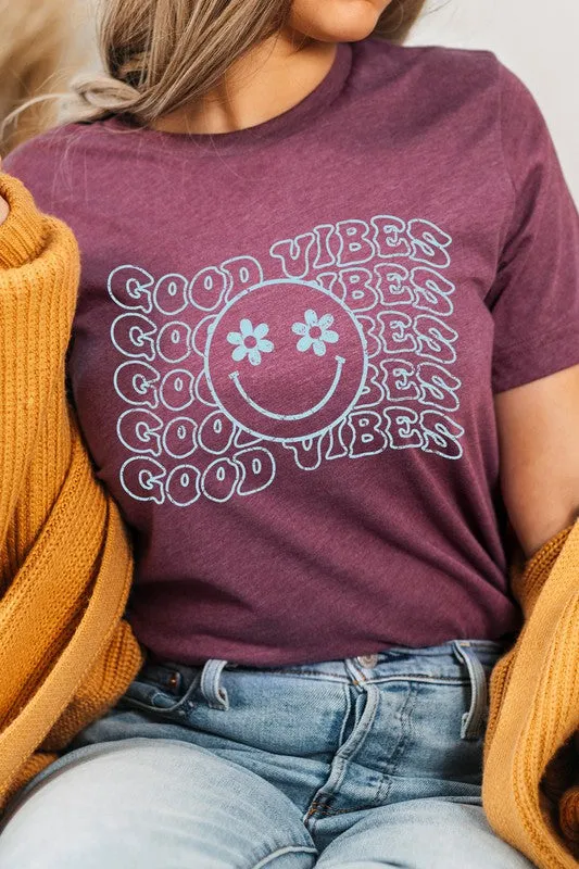 Good Vibes Flower Eyes Smiley Summer Graphic Tee