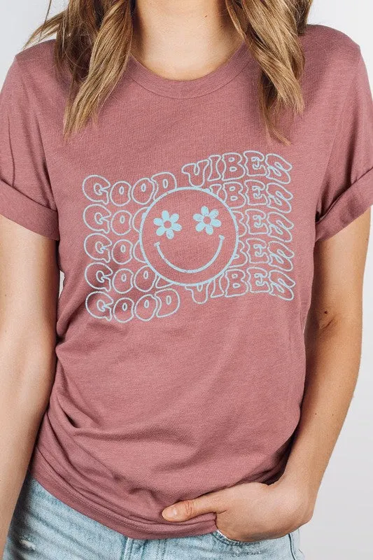 Good Vibes Flower Eyes Smiley Summer Graphic Tee